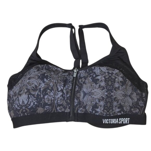 Knockout by Victoria's Secret Front Close Sports Bra 36C Black Gray Paisley Zip - Picture 1 of 7
